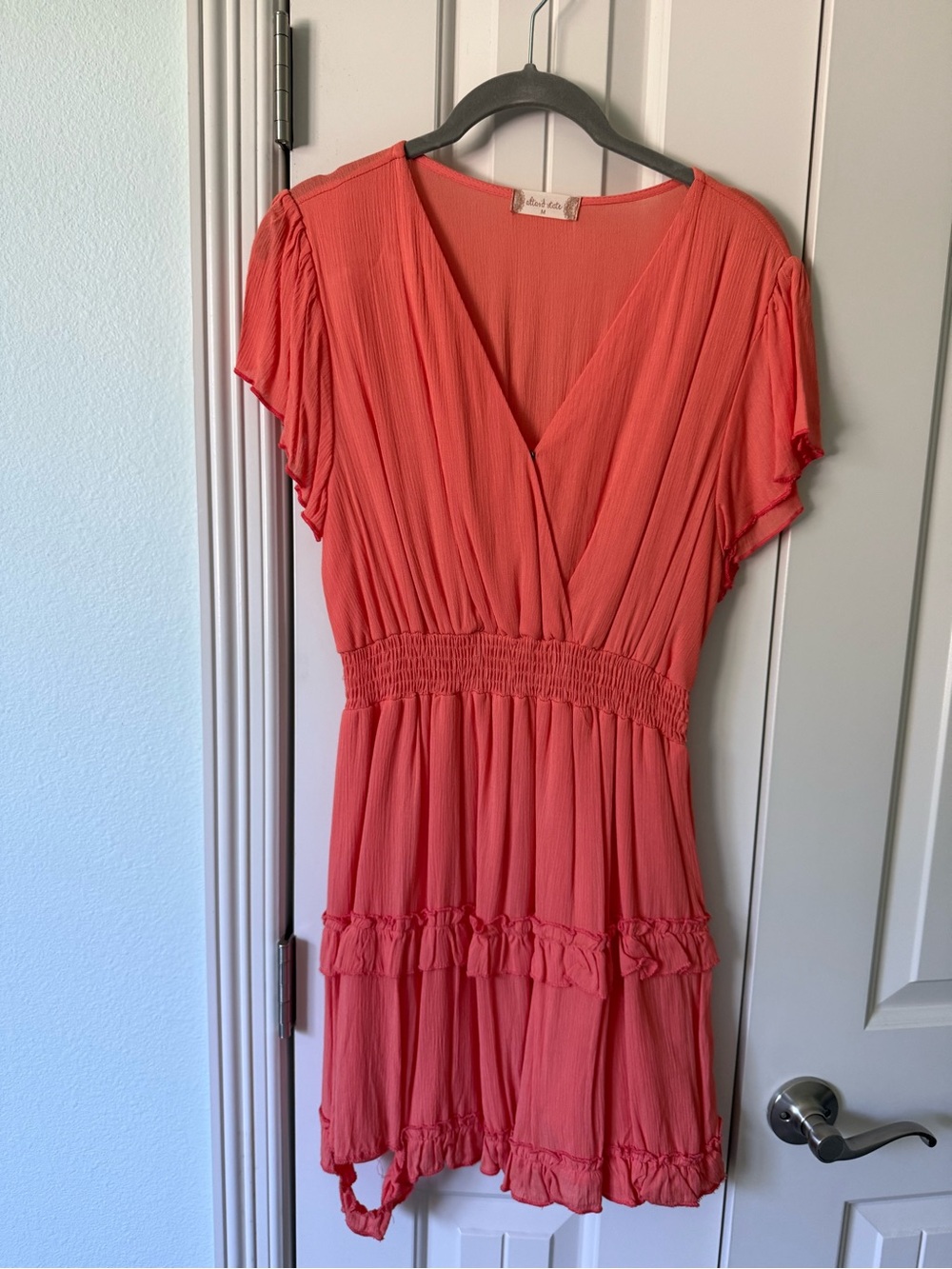4 Qty Flutter Sleeve Mini Dress with Smocked Waist-Coral, White, Blue, Red